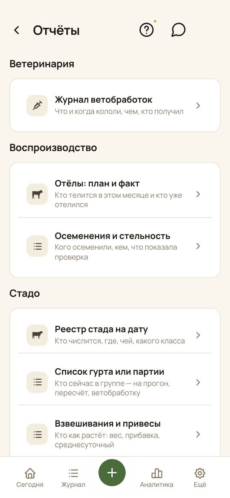 Экран «Отчёты» в приложении