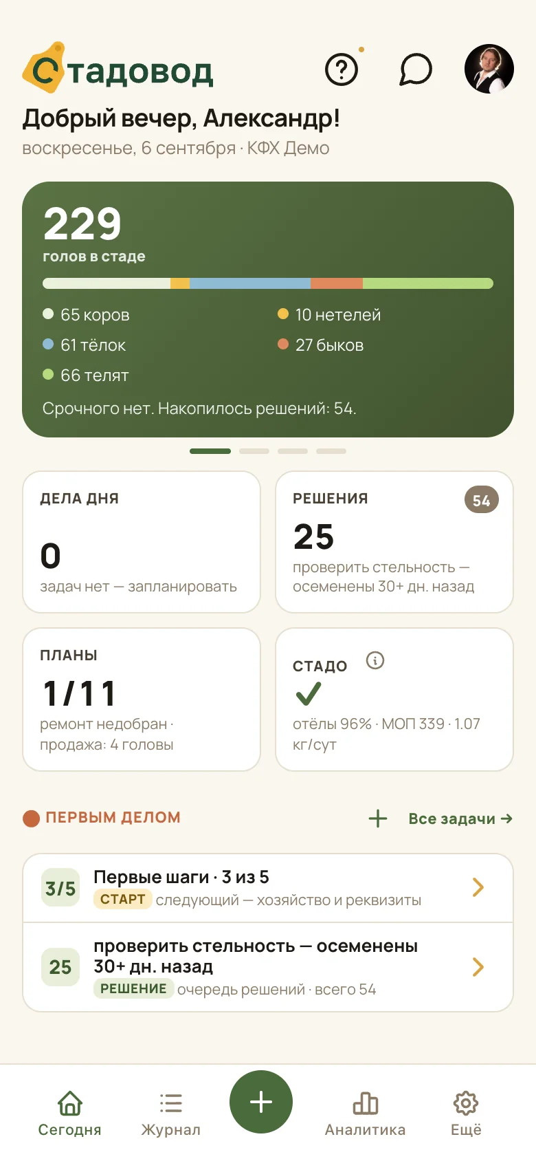 Экран «Сегодня»: стадо, показатели, задачи дня